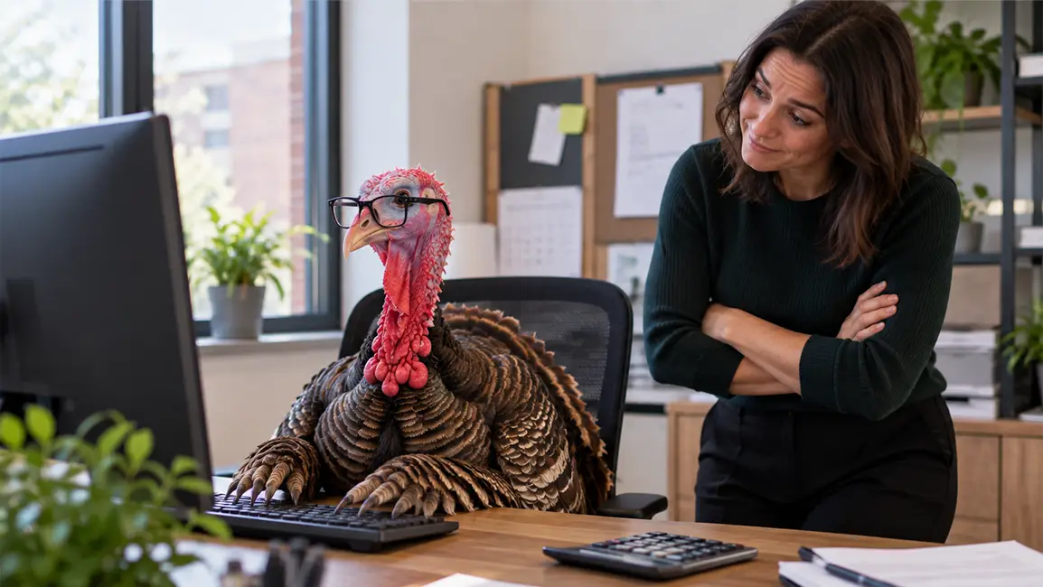 Business owner overseeing a turkey doing payroll at a computer