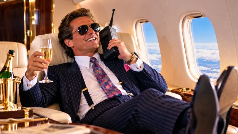 Businessman relaxing aboard a private jet with champagne and a mobile phone, illustrating company perks and benefits in kind.